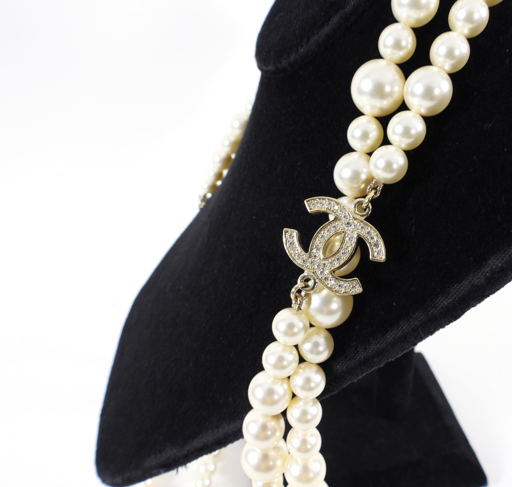 Chanel 12P Pearl Double Strand Necklace with Crystal CC Stations