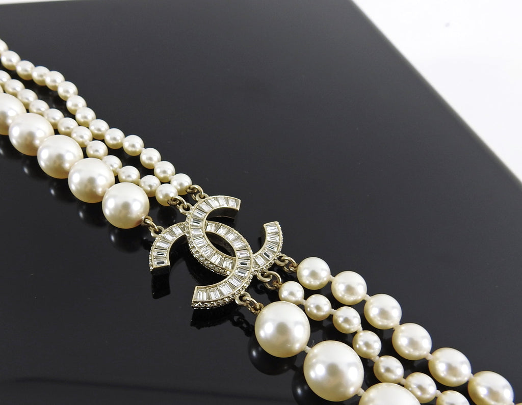 Chanel 14B Triple Pearl Multi Strand Jewelled CC Necklace