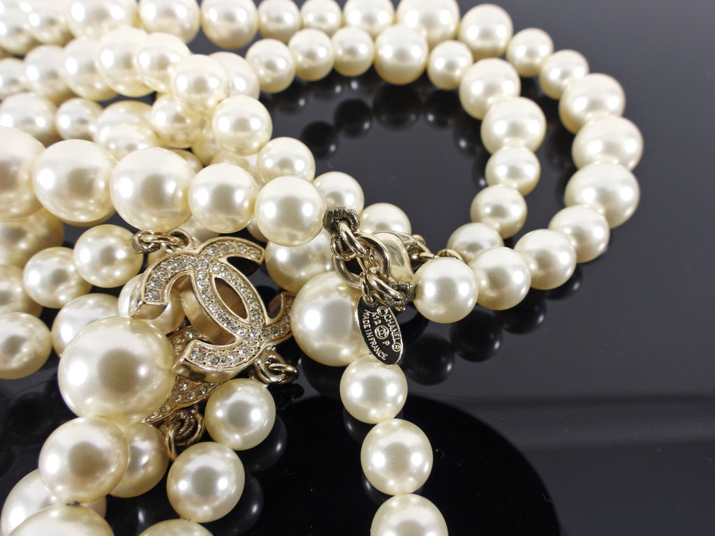 Chanel 12P Pearl Double Strand Necklace with Crystal CC Stations