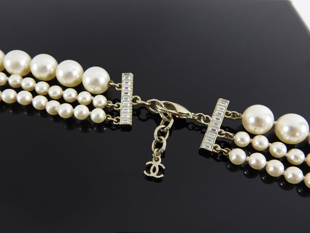 Chanel 14B Triple Pearl Multi Strand Jewelled CC Necklace