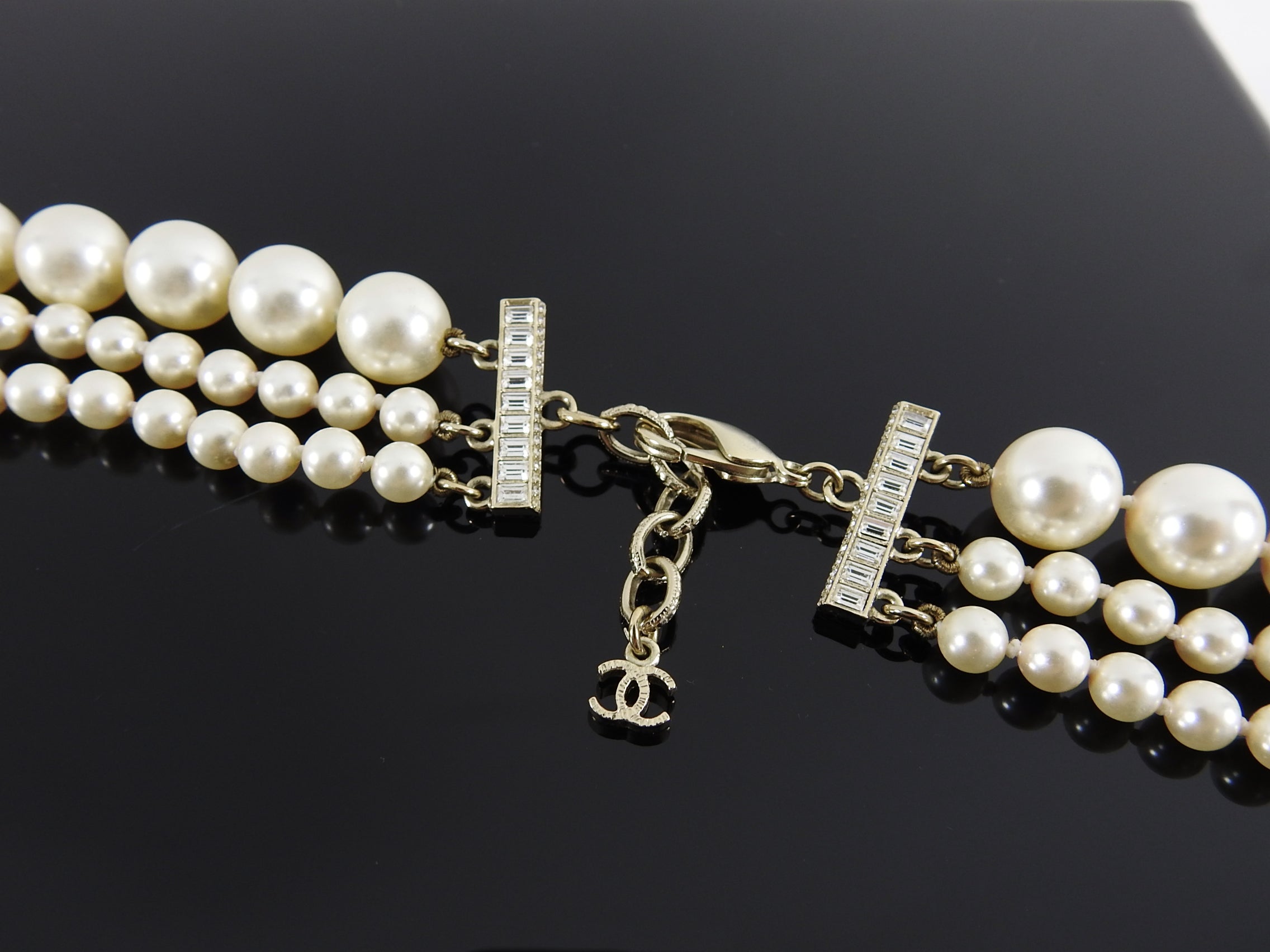 Chanel 14B Triple Pearl Multi Strand Jewelled CC Necklace