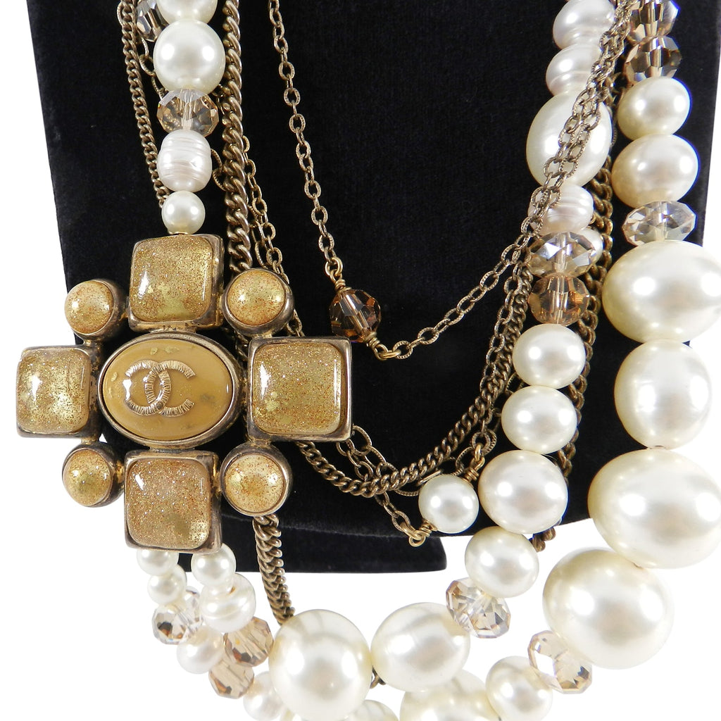 Chanel 2007 Fall Multi-strand Pearl and Gold Chain Gripoix Necklace