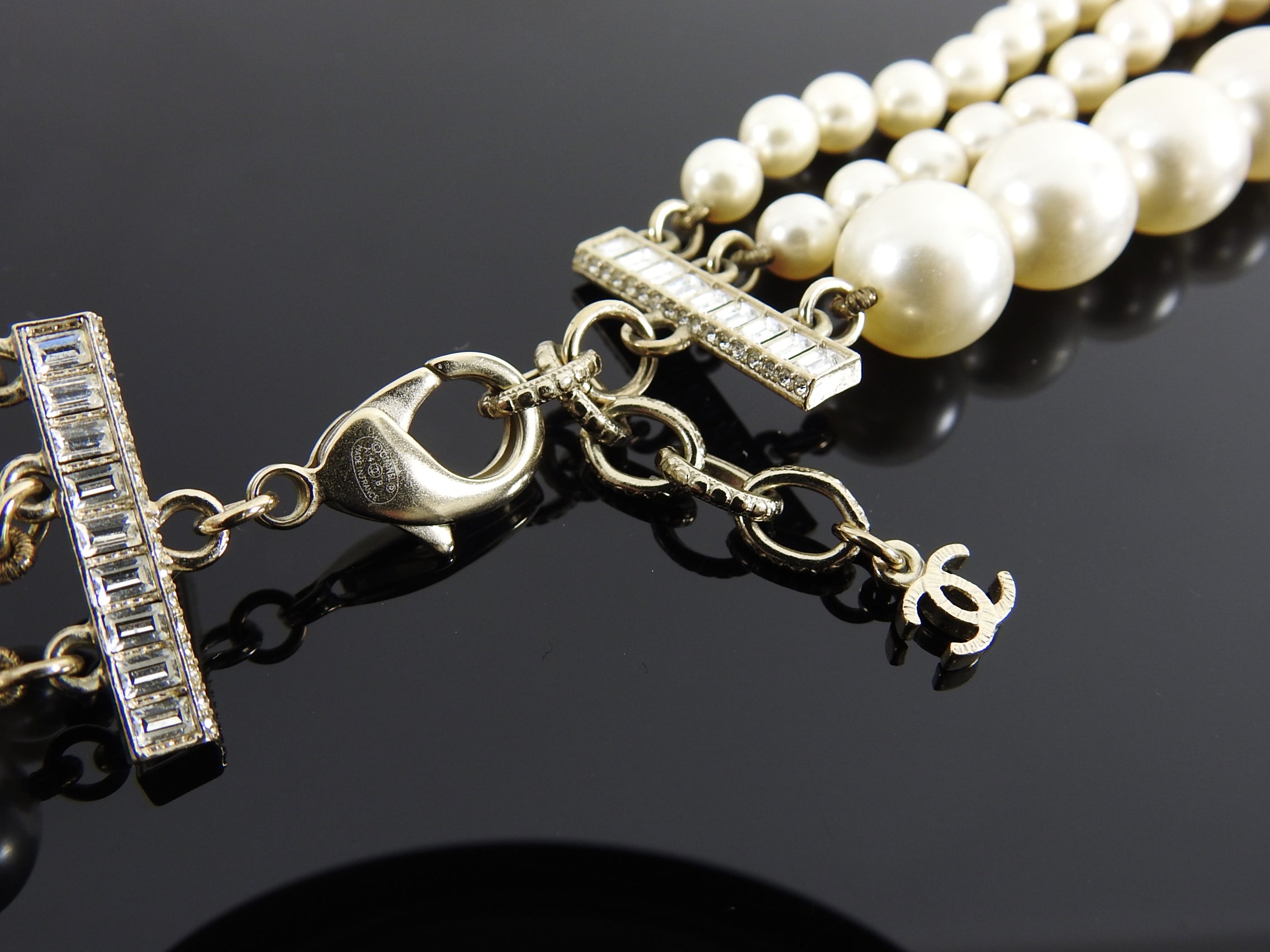 Chanel 14B Triple Pearl Multi Strand Jewelled CC Necklace