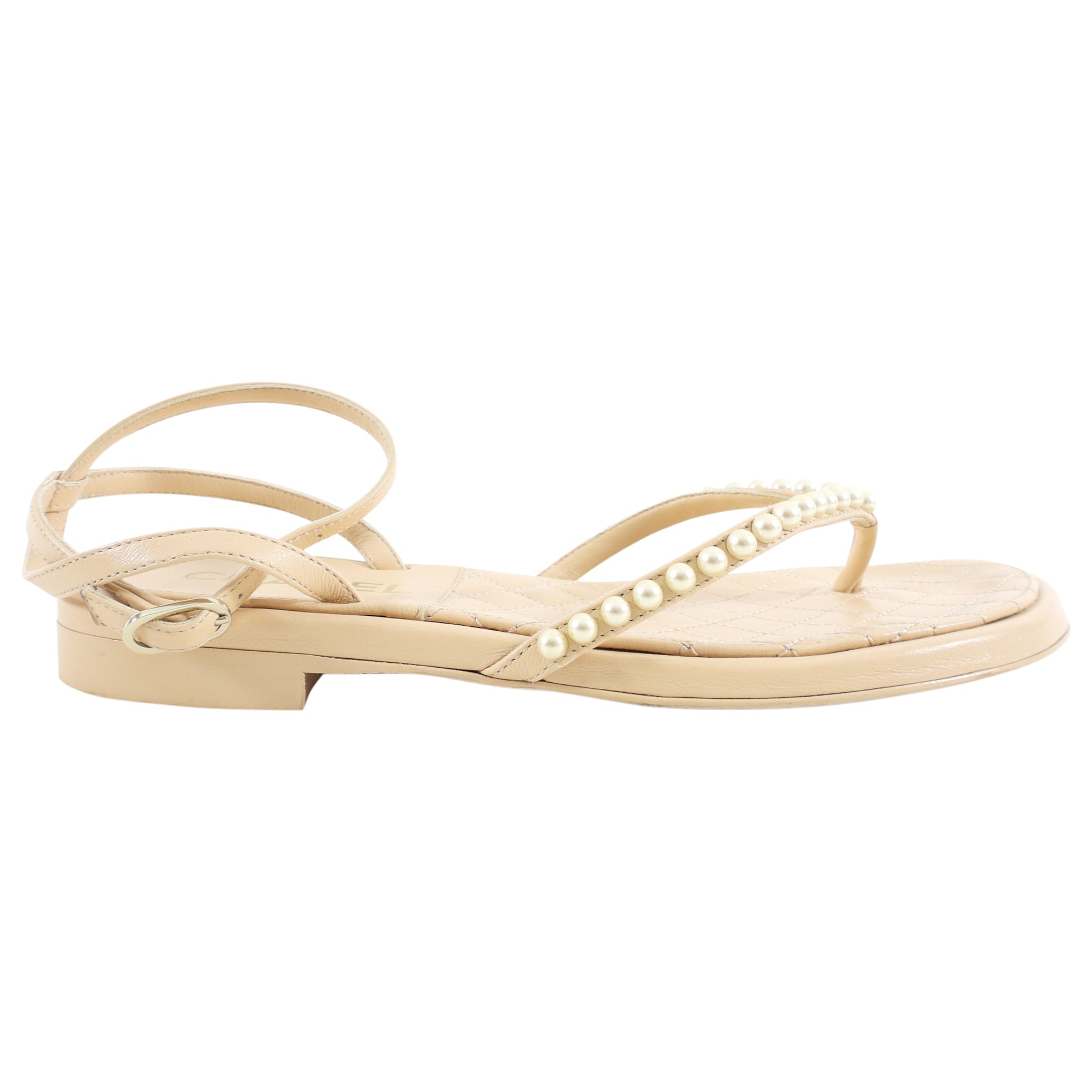 Chanel Beige Quilted Faux Pearl Thong Flat Sandals - 37 / 7