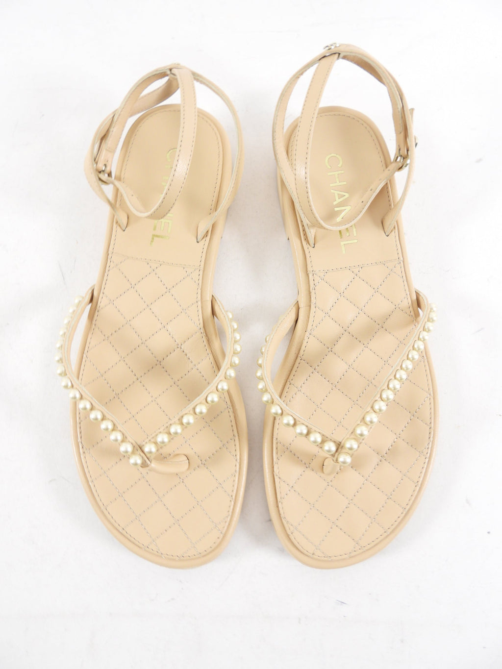 Chanel Beige Quilted Faux Pearl Thong Flat Sandals - 37 / 7