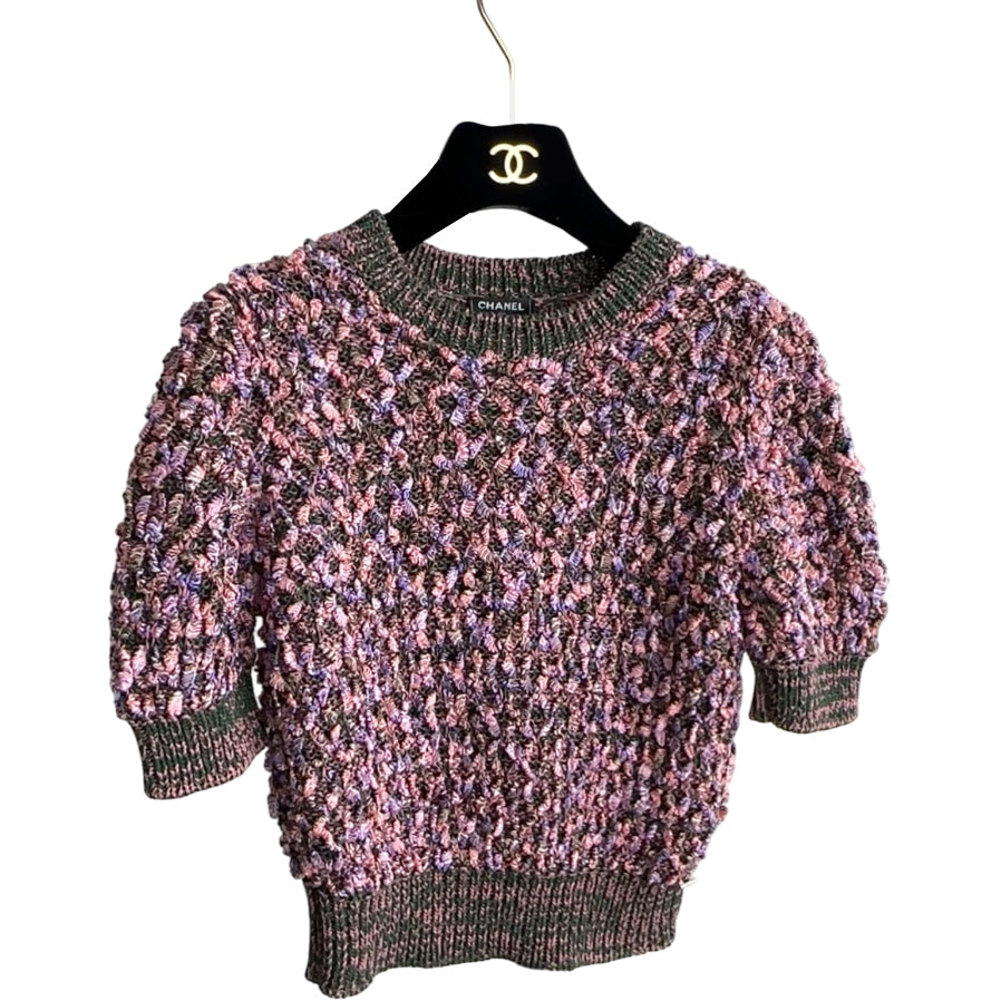 Chanel 2015 Pink and Green Textured Knit Short Sleeve Pullover - FR36 / 4