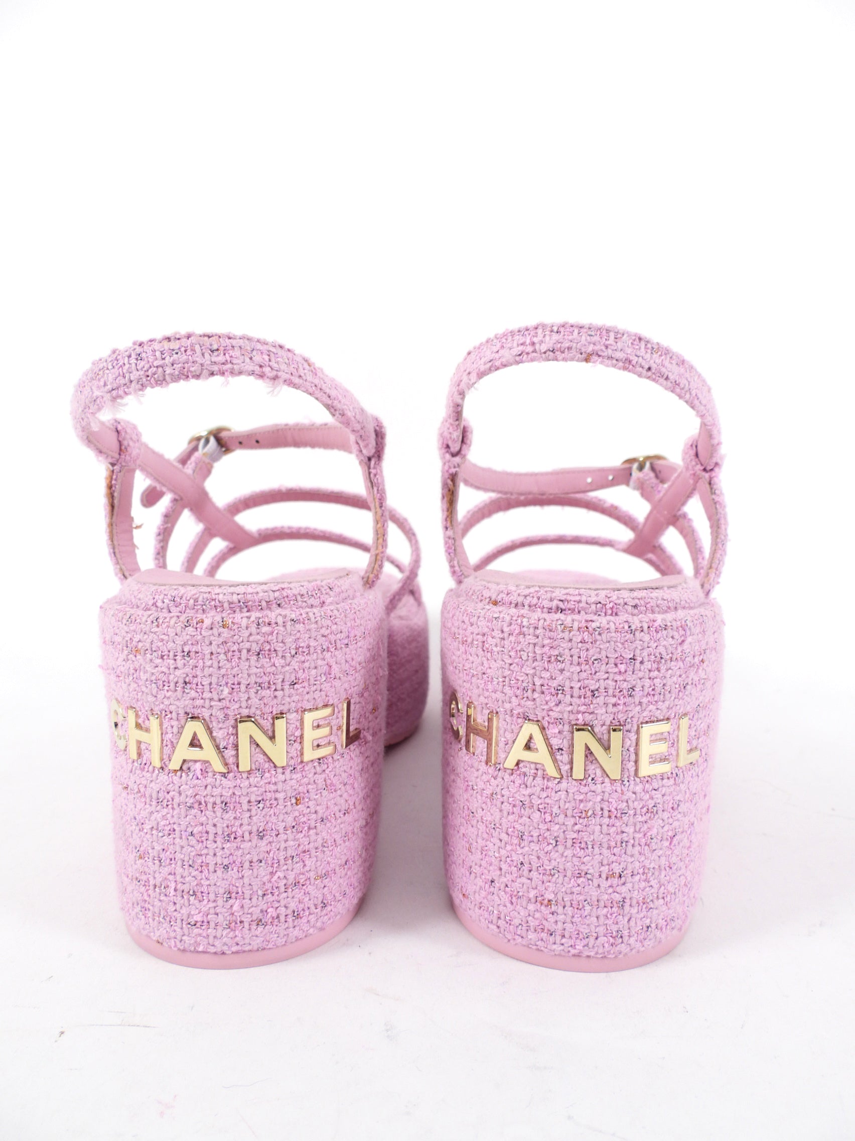 Chanel 23C Pink Tweed Platform Sandal with Logo at Heel - 41