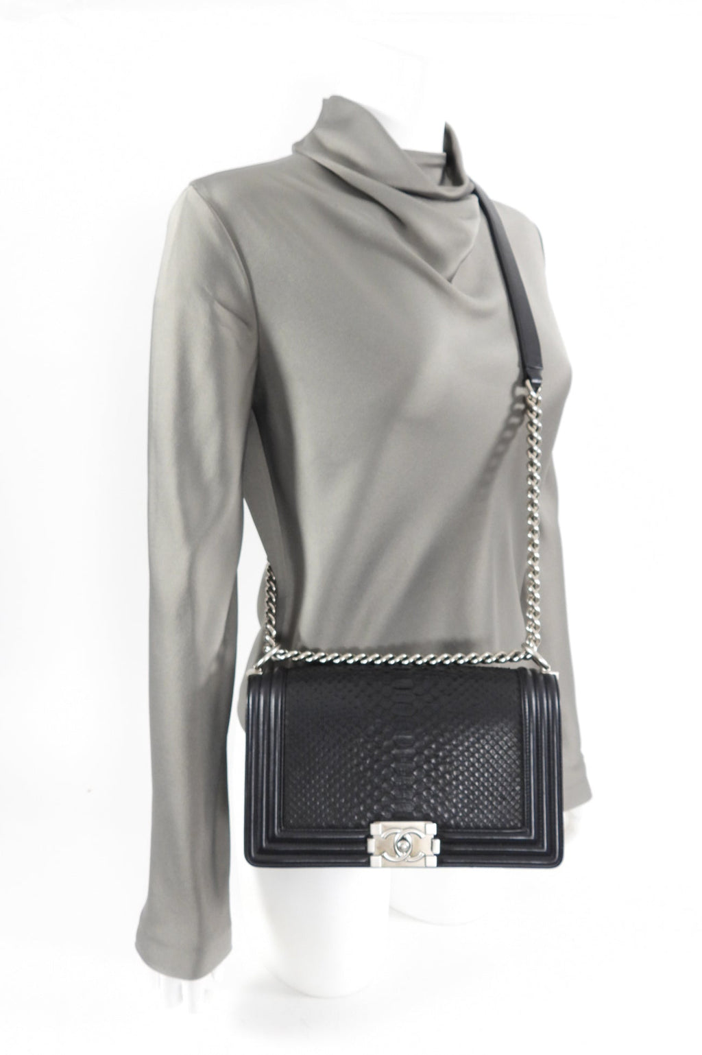 Chanel Black Leather and Exotic Python Medium Boy Bag