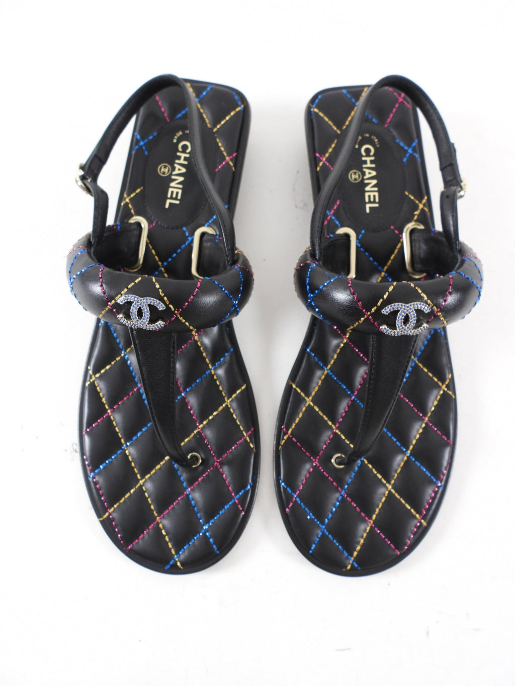 Chanel 21K Black Multi Quilt Thong CC Sandal - 40
