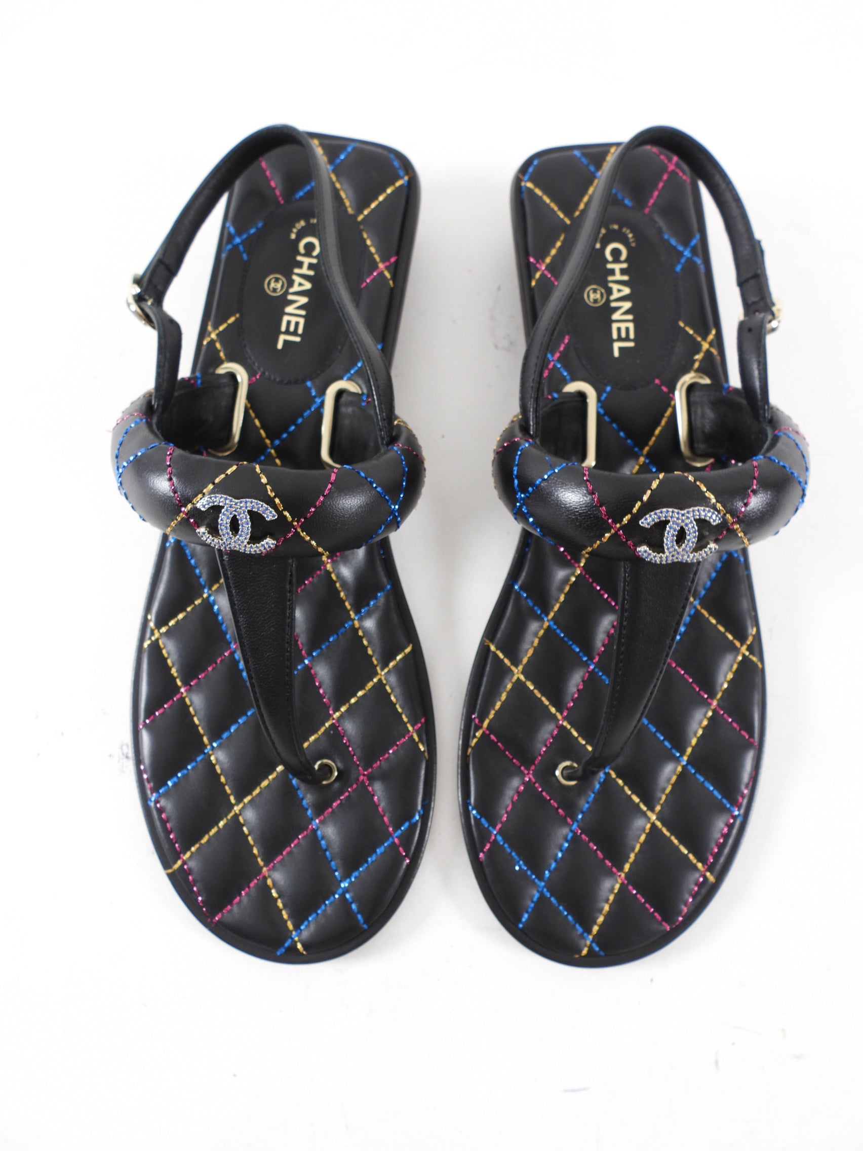 Chanel 21K Black Multi Quilt Thong CC Sandal - 40