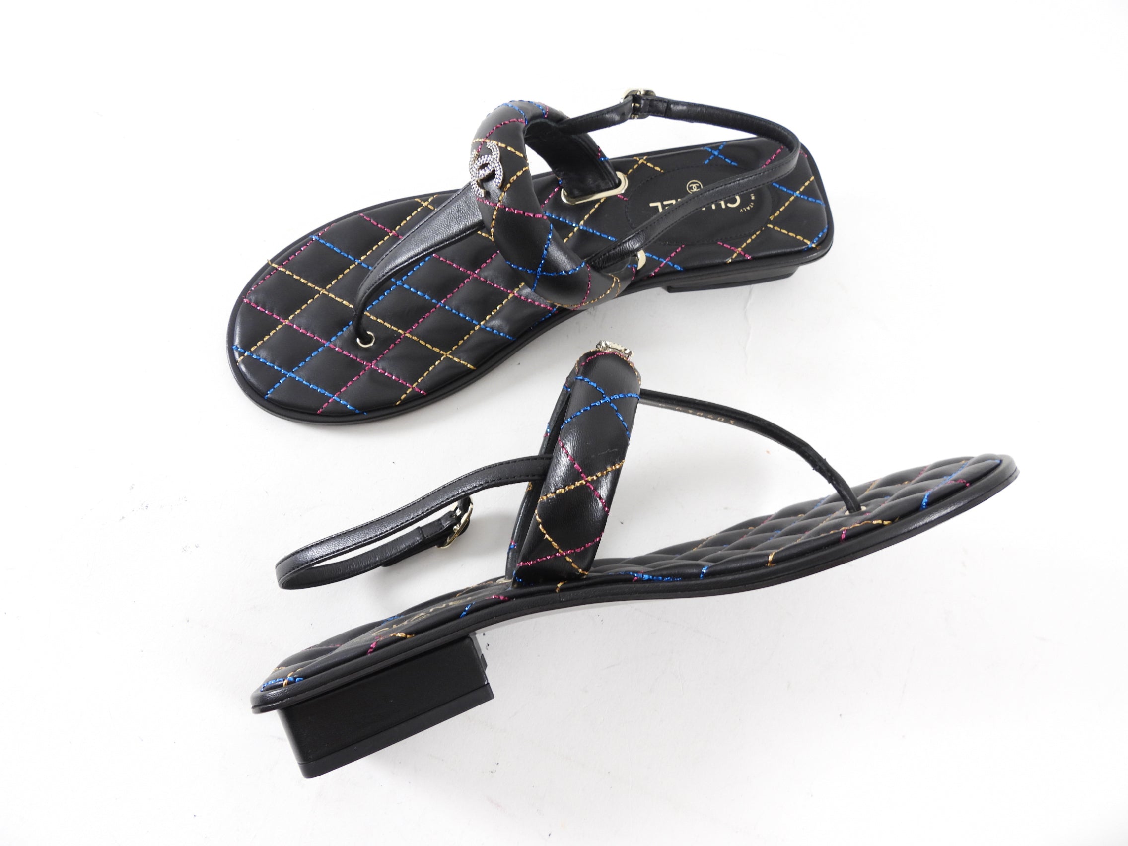 Chanel 21K Black Multi Quilt Thong CC Sandal - 40