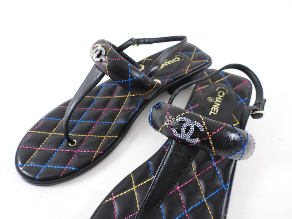 Chanel 21K Black Multi Quilt Thong CC Sandal - 40