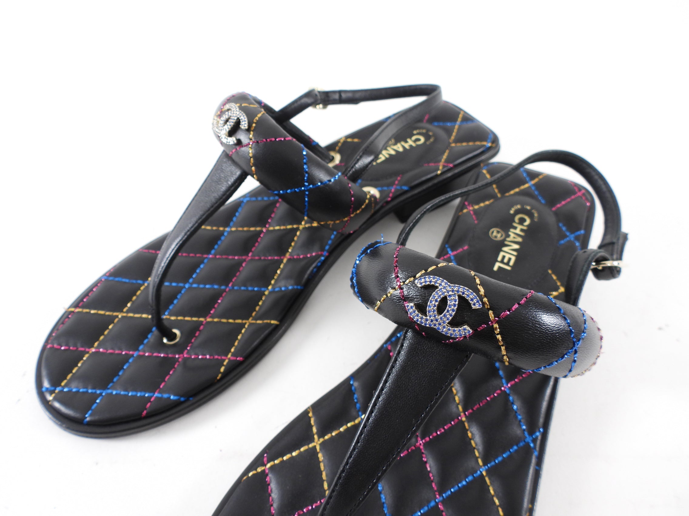 Chanel 21K Black Multi Quilt Thong CC Sandal - 40