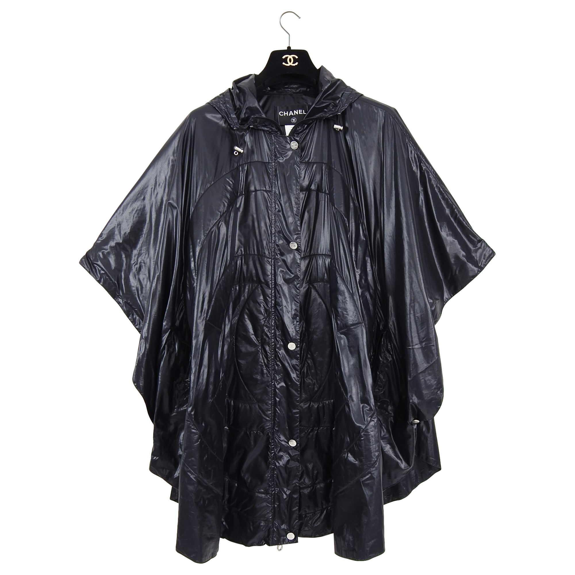 Chanel Black Nylon Hooded Poncho Raincoat with CC Logo - S