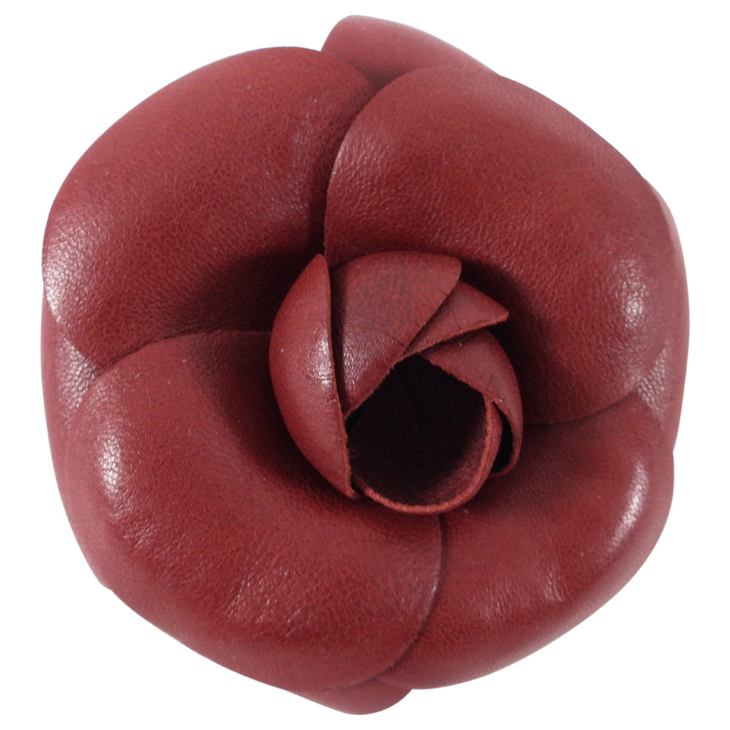 Chanel Burgundy Leather Camelia Flower Pin
