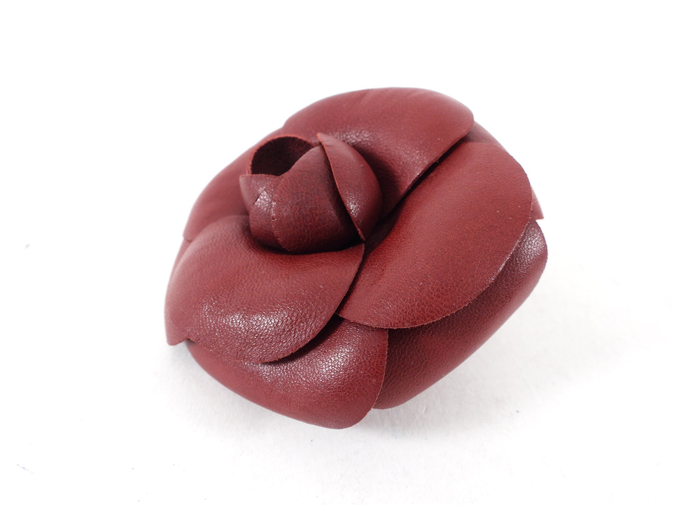 Chanel Burgundy Leather Camelia Flower Pin
