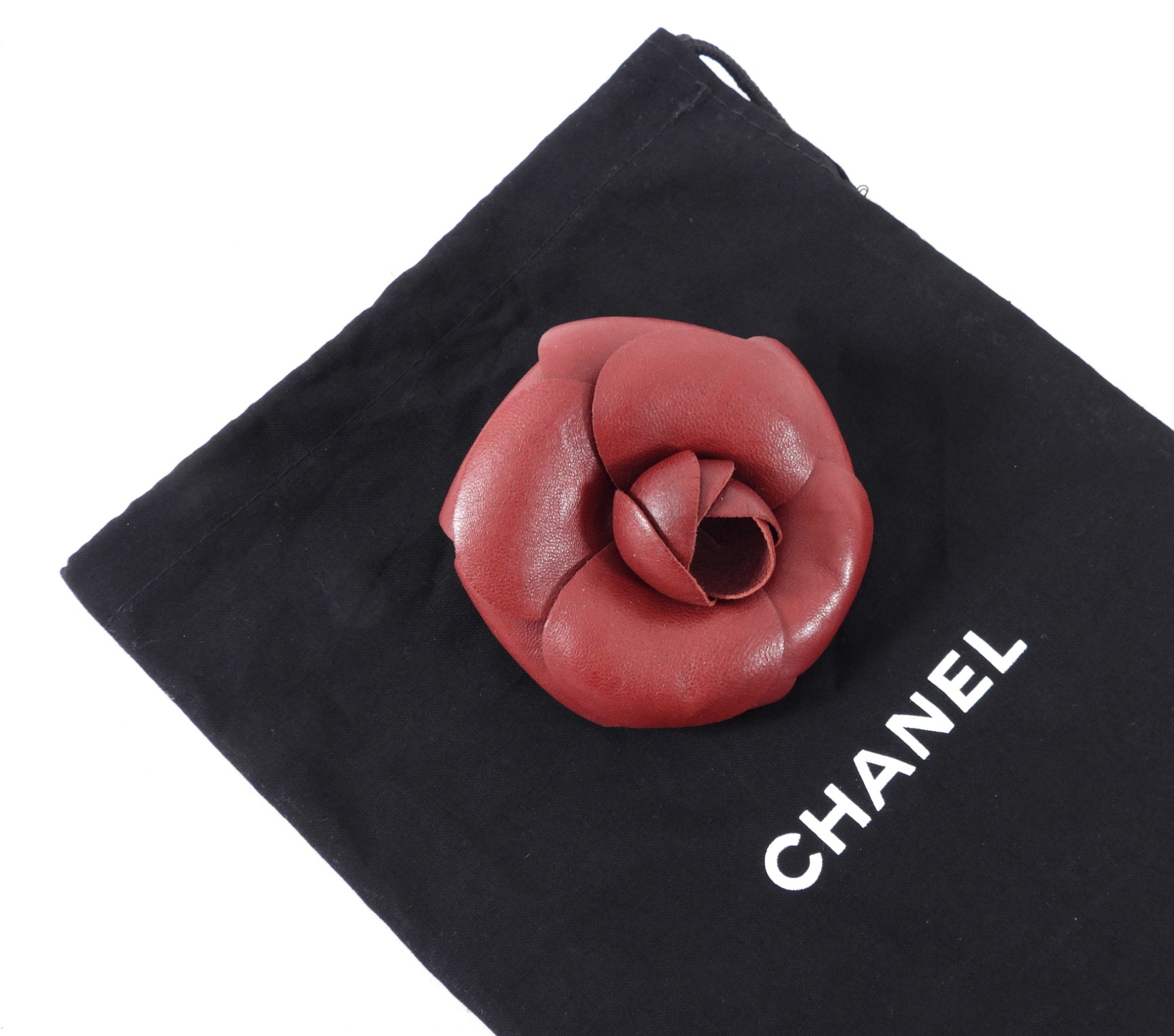 Chanel Burgundy Leather Camelia Flower Pin