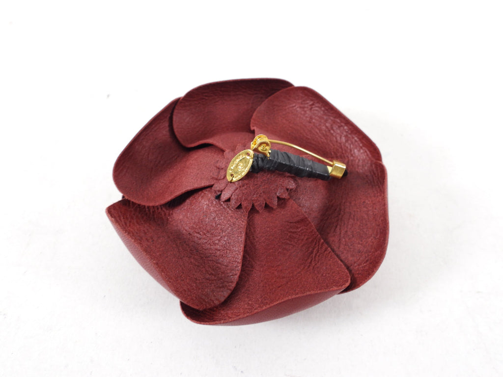 Chanel Burgundy Leather Camelia Flower Pin