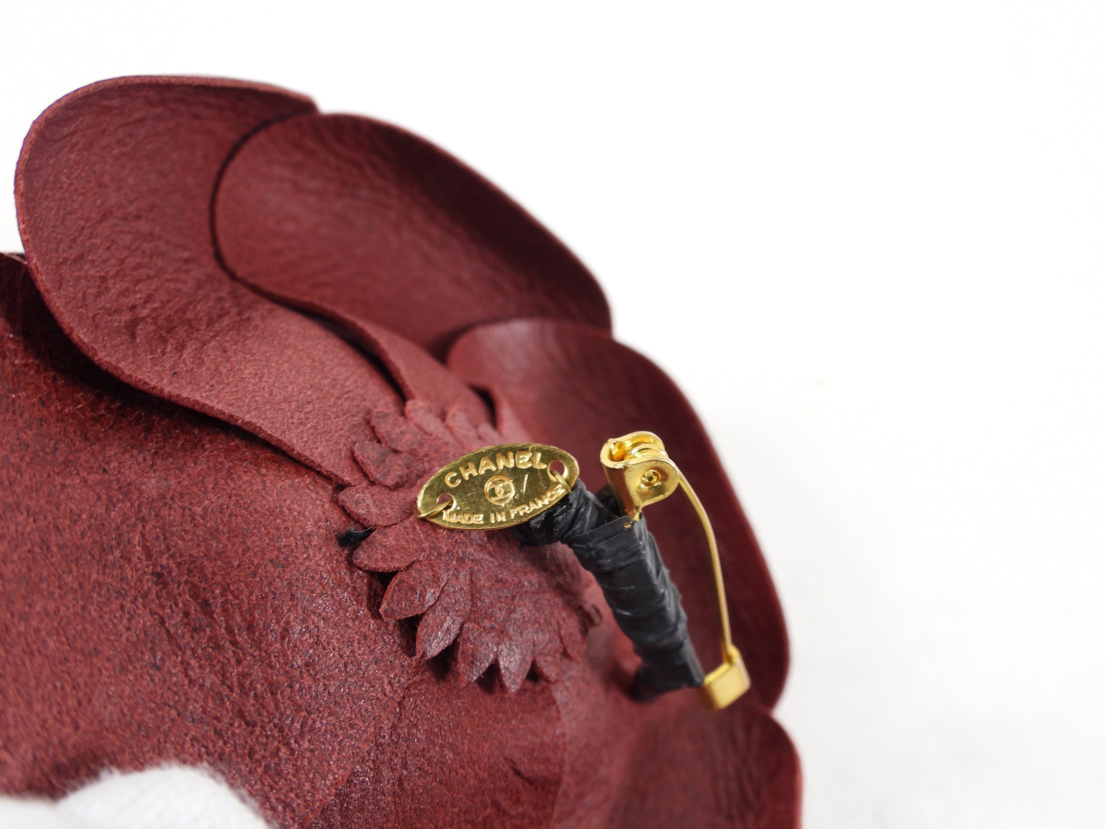 Chanel Burgundy Leather Camelia Flower Pin