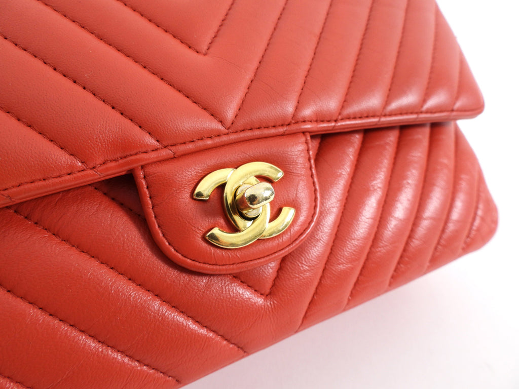 Chanel Red Chevron Quilted Leather Medium Double Classic Flap Bag