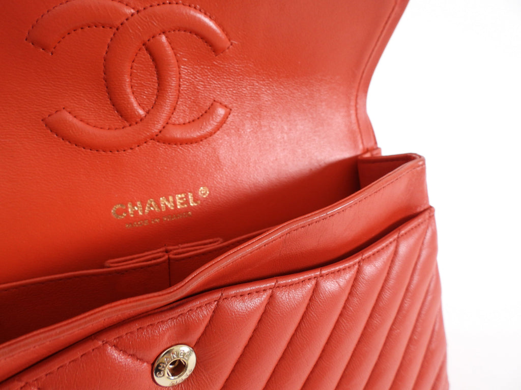 Chanel Red Chevron Quilted Leather Medium Double Classic Flap Bag