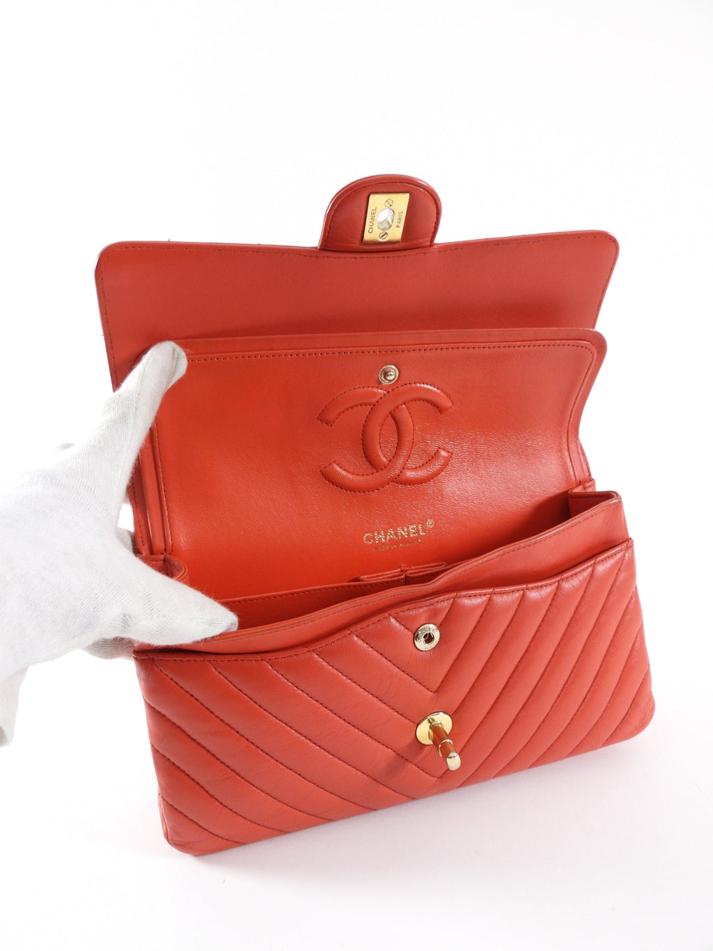 Chanel Red Chevron Quilted Leather Medium Double Classic Flap Bag