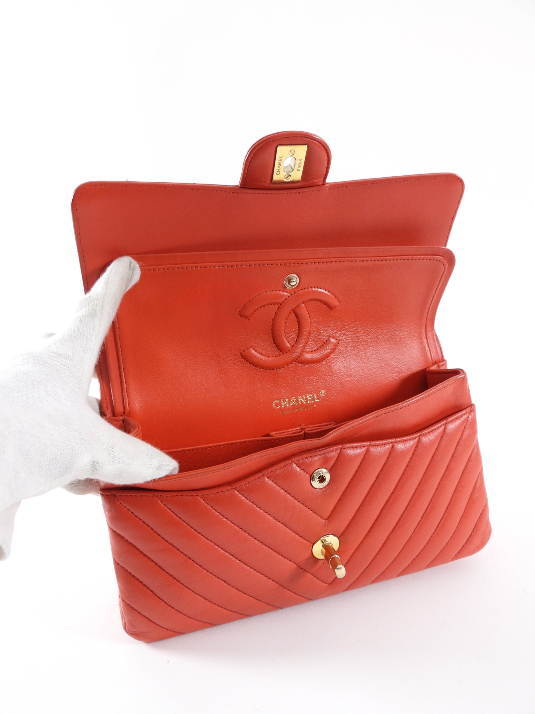 Chanel Red Chevron Quilted Leather Medium Double Classic Flap Bag