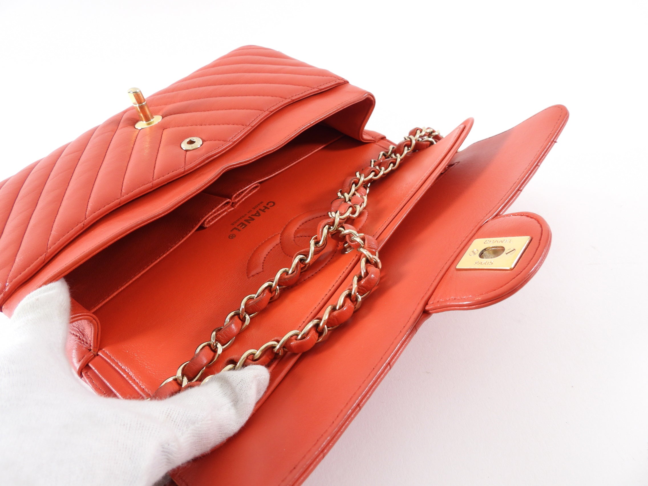 Chanel Red Chevron Quilted Leather Medium Double Classic Flap Bag
