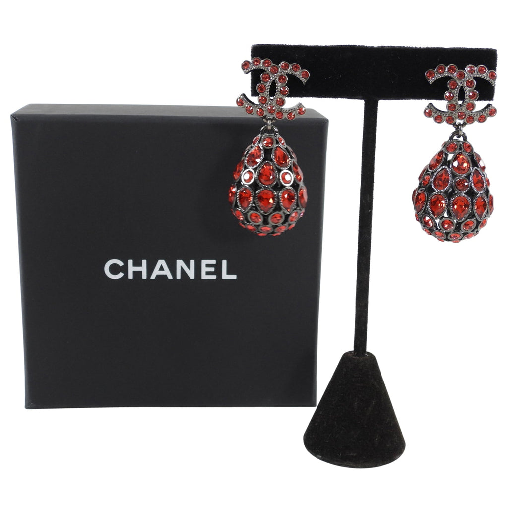 Chanel 20S Red Strass Tear Drop CC Earrings