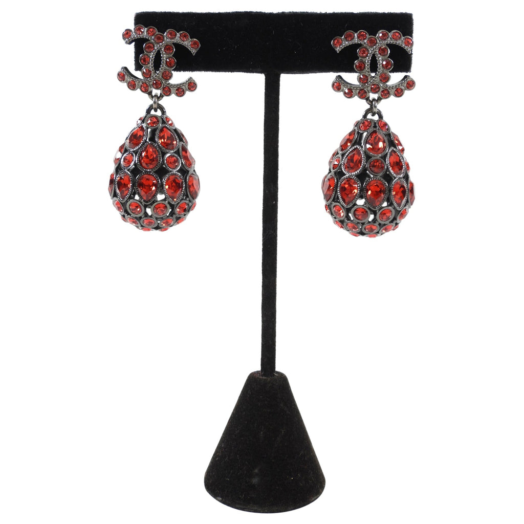 Chanel 20S Red Strass Tear Drop CC Earrings