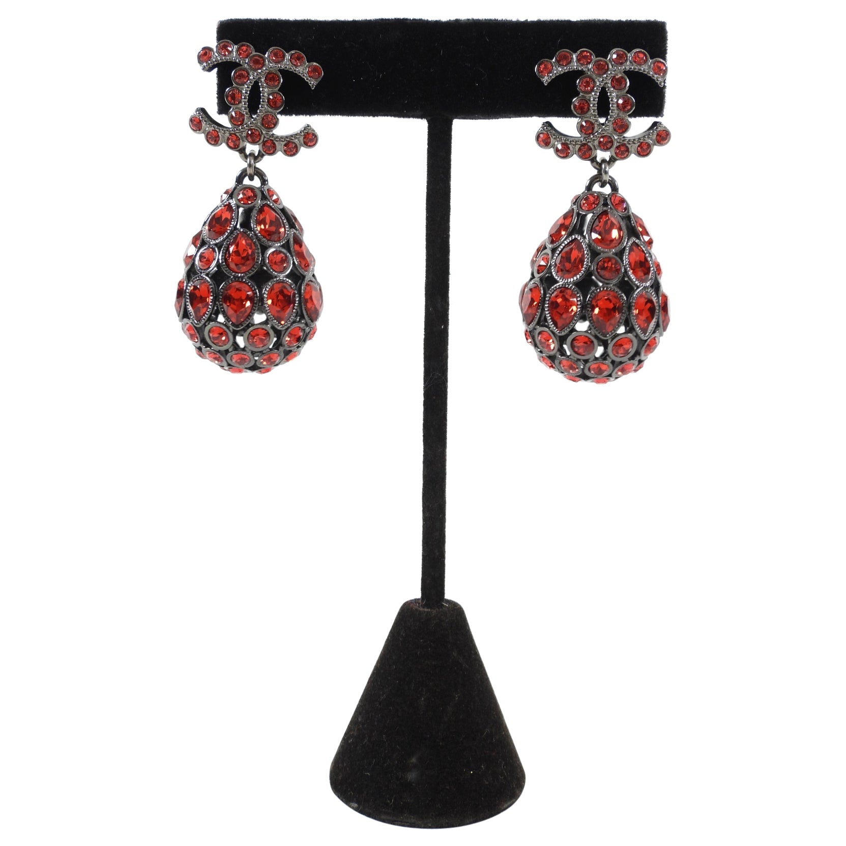 Chanel 20S Red Strass Tear Drop CC Earrings