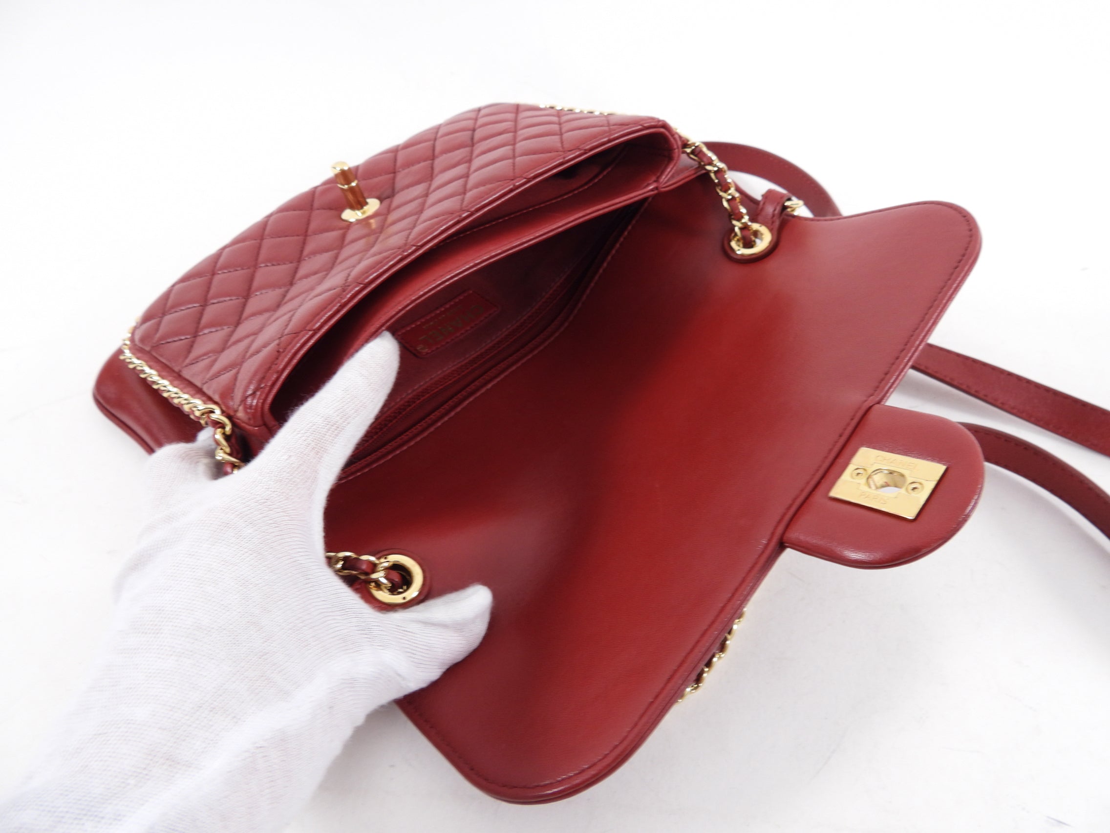 Chanel Red Leather Chain Around Two-Way Flap Bag