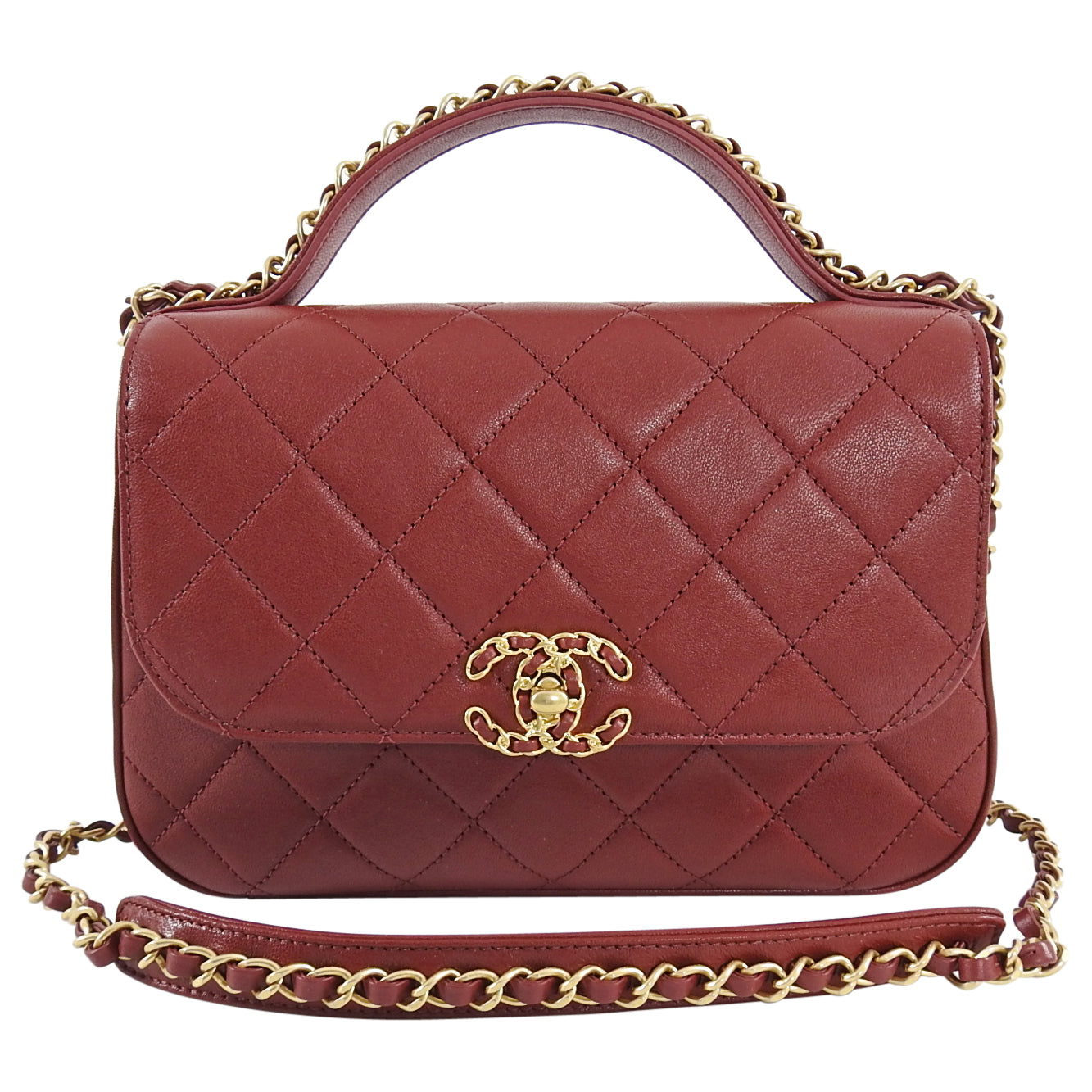 Chanel 19B Burgundy Red Quilted Top Handle Flap Bag