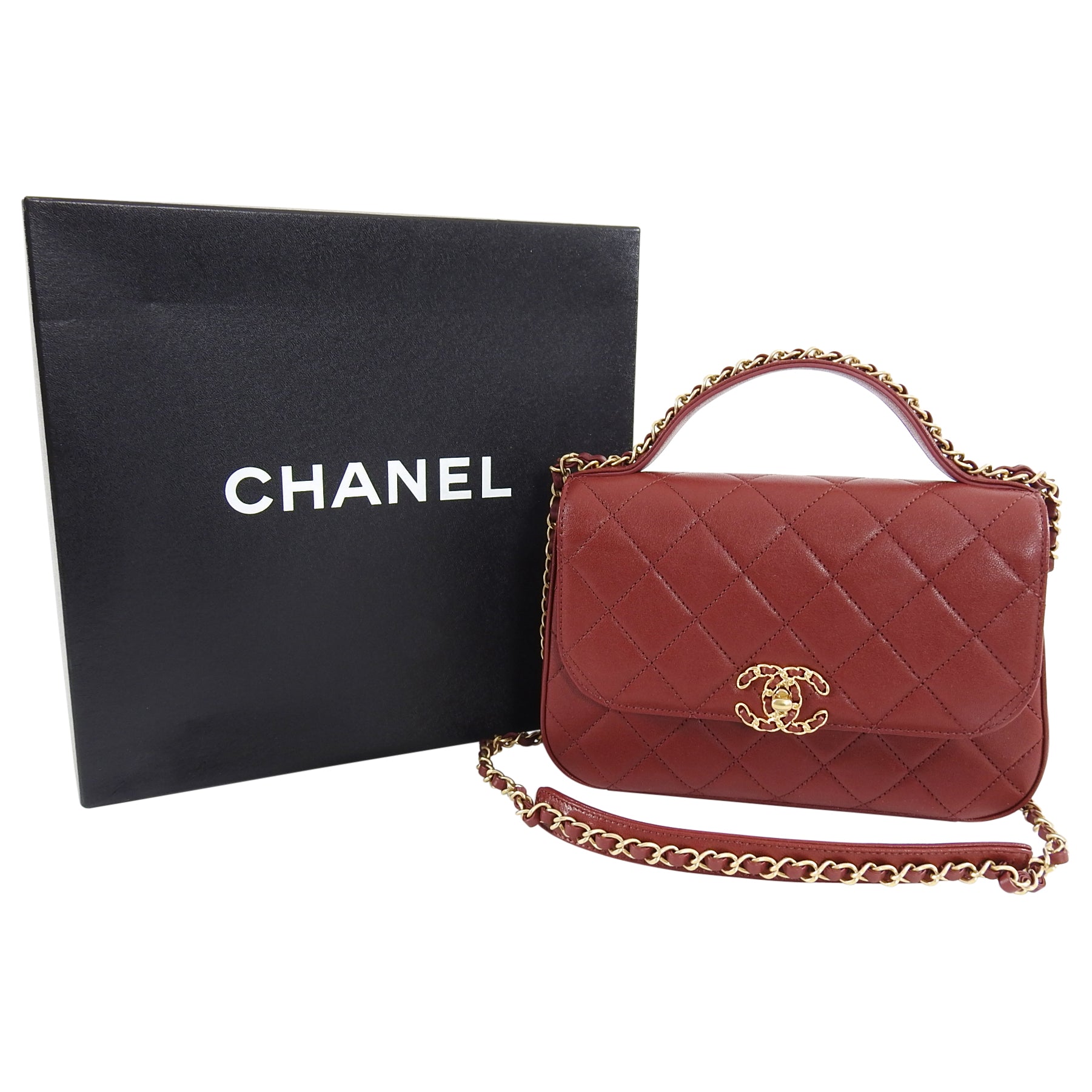 Chanel 19B Burgundy Red Quilted Top Handle Flap Bag