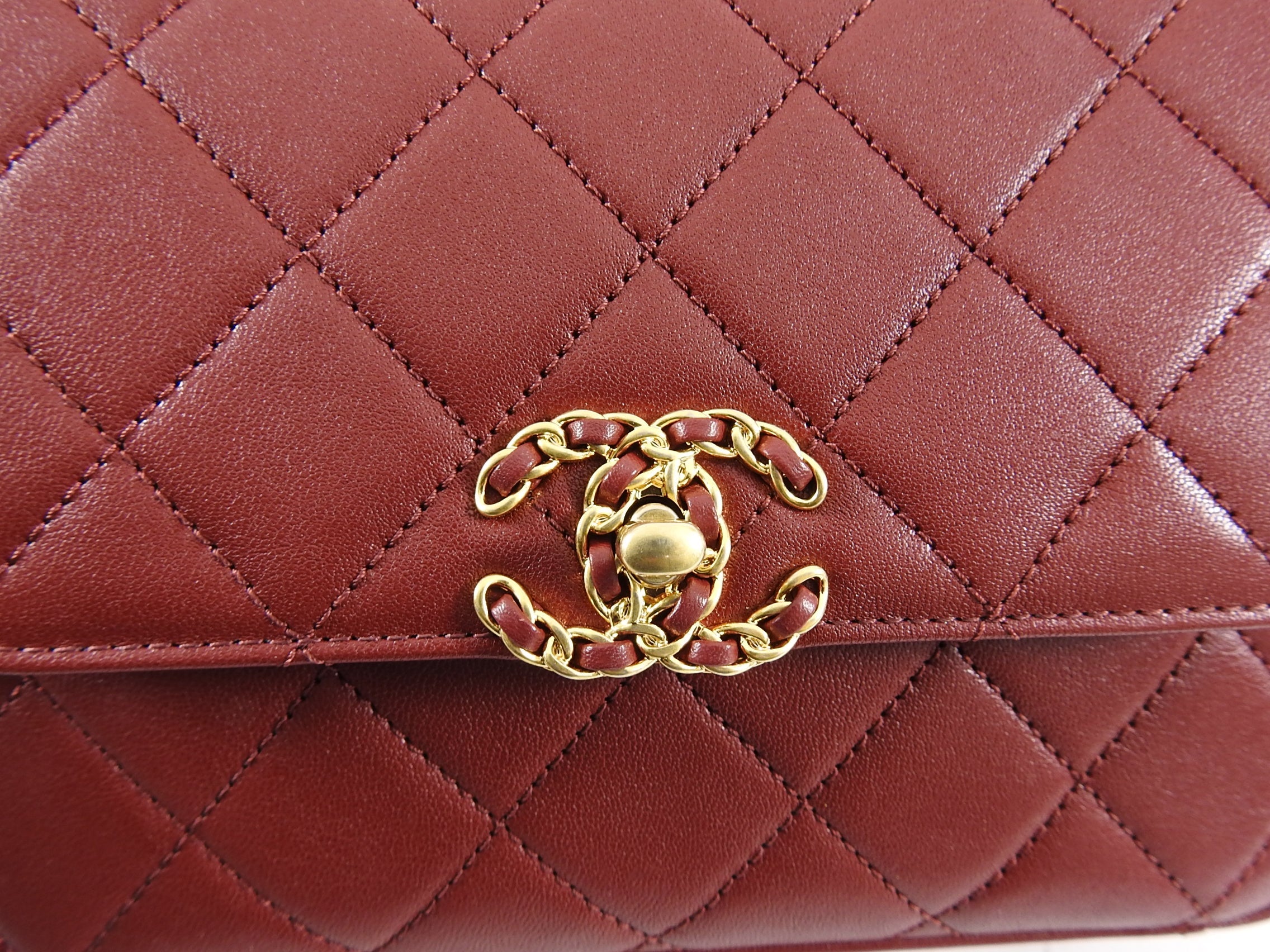 Chanel 19B Burgundy Red Quilted Top Handle Flap Bag