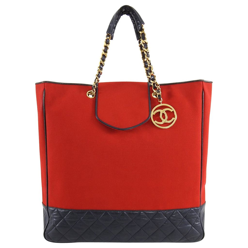 Chanel Vintage 1989 Red Canvas and Navy Leather Large Tote Bag