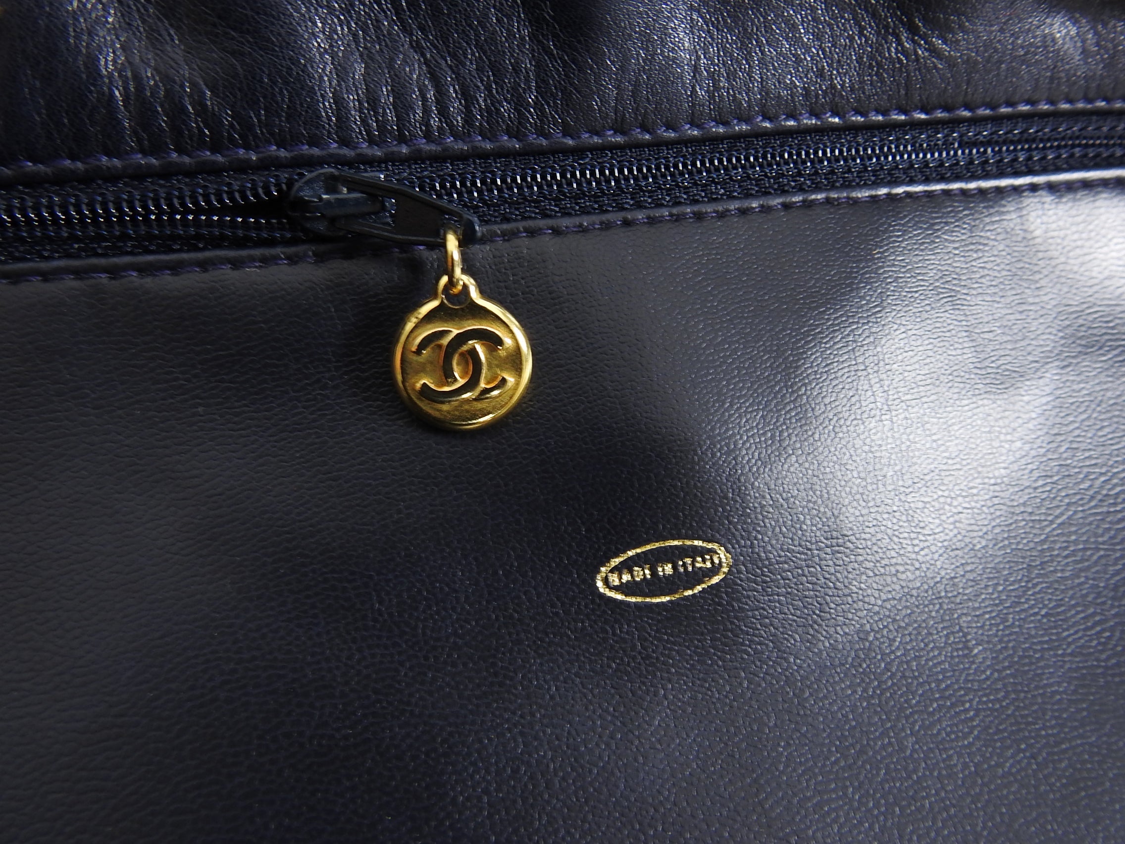 Chanel Vintage 1989 Red Canvas and Navy Leather Large Tote Bag