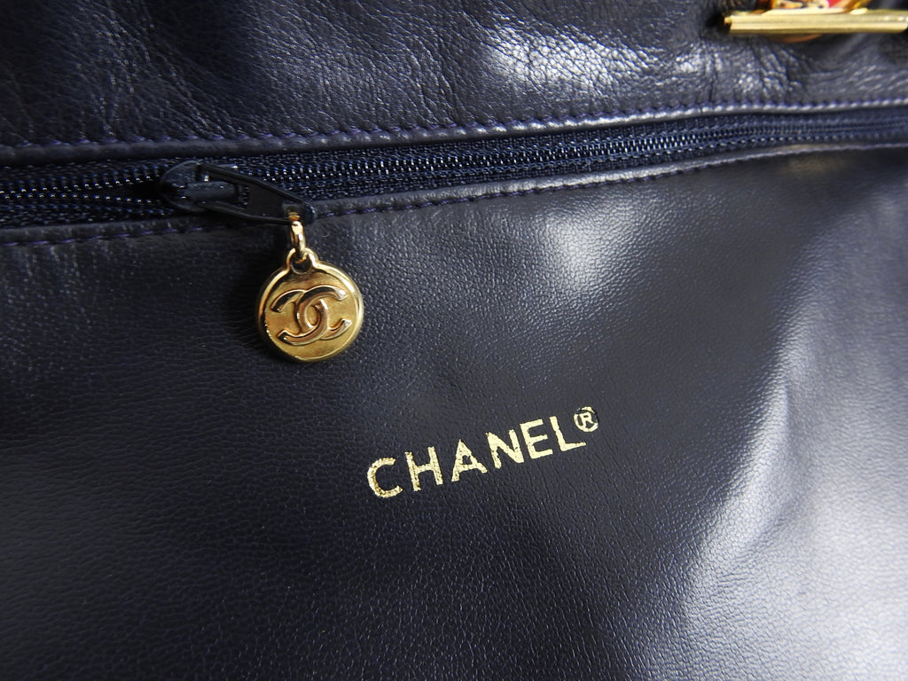Chanel Vintage 1989 Red Canvas and Navy Leather Large Tote Bag