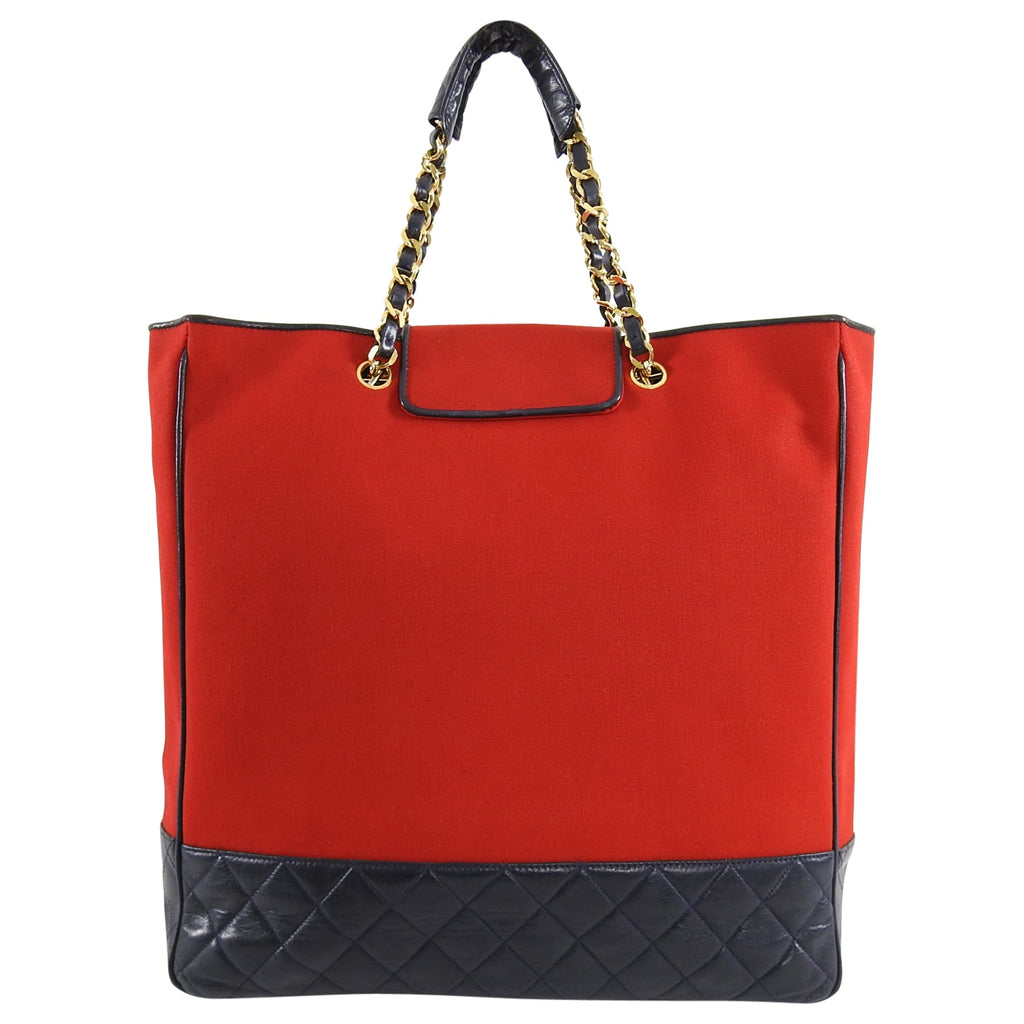 Chanel Vintage 1989 Red Canvas and Navy Leather Large Tote Bag