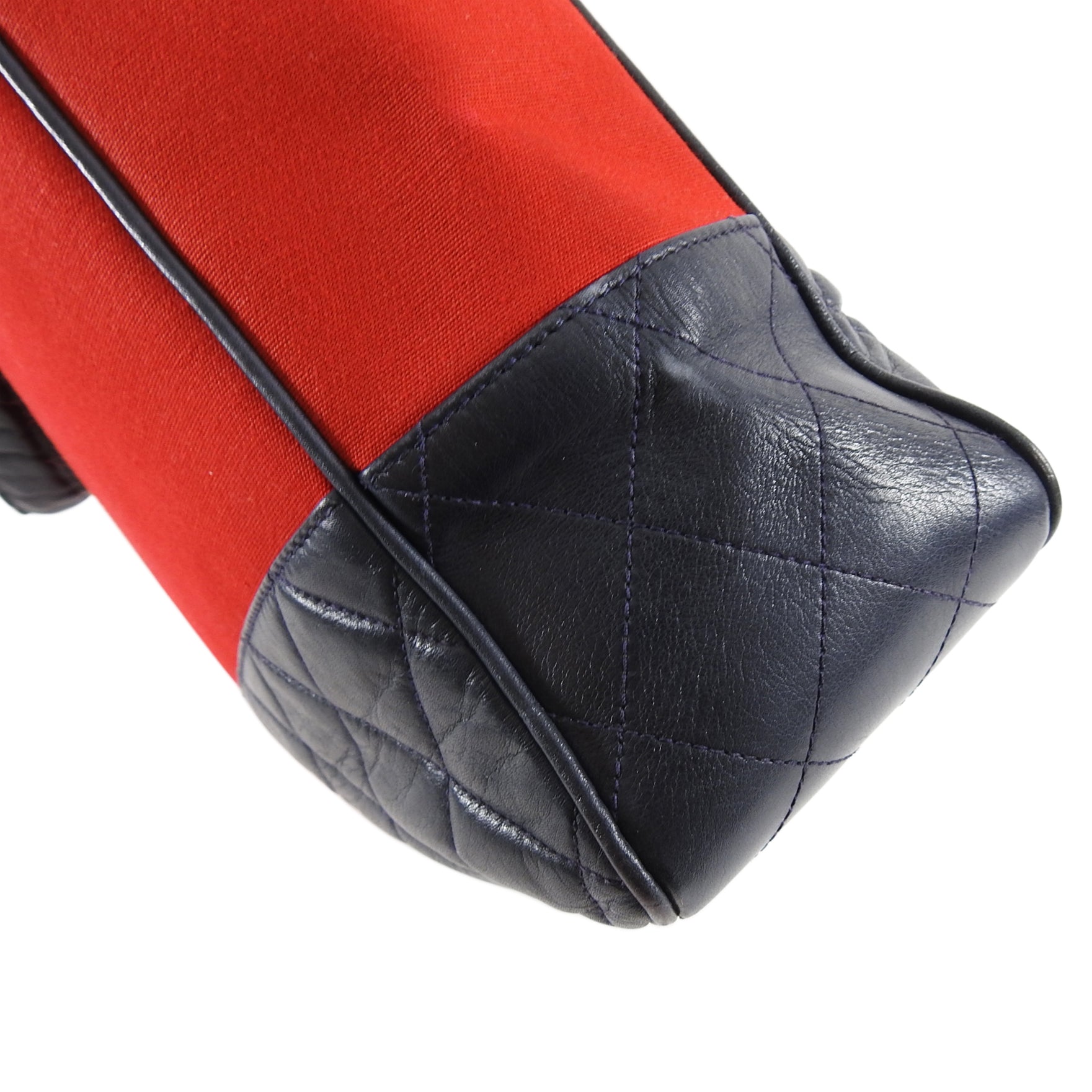 Chanel Vintage 1989 Red Canvas and Navy Leather Large Tote Bag