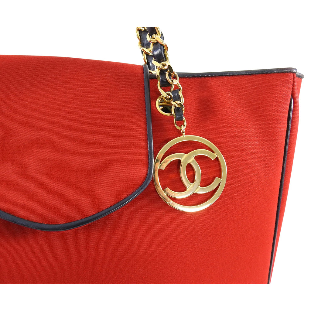 Chanel Vintage 1989 Red Canvas and Navy Leather Large Tote Bag