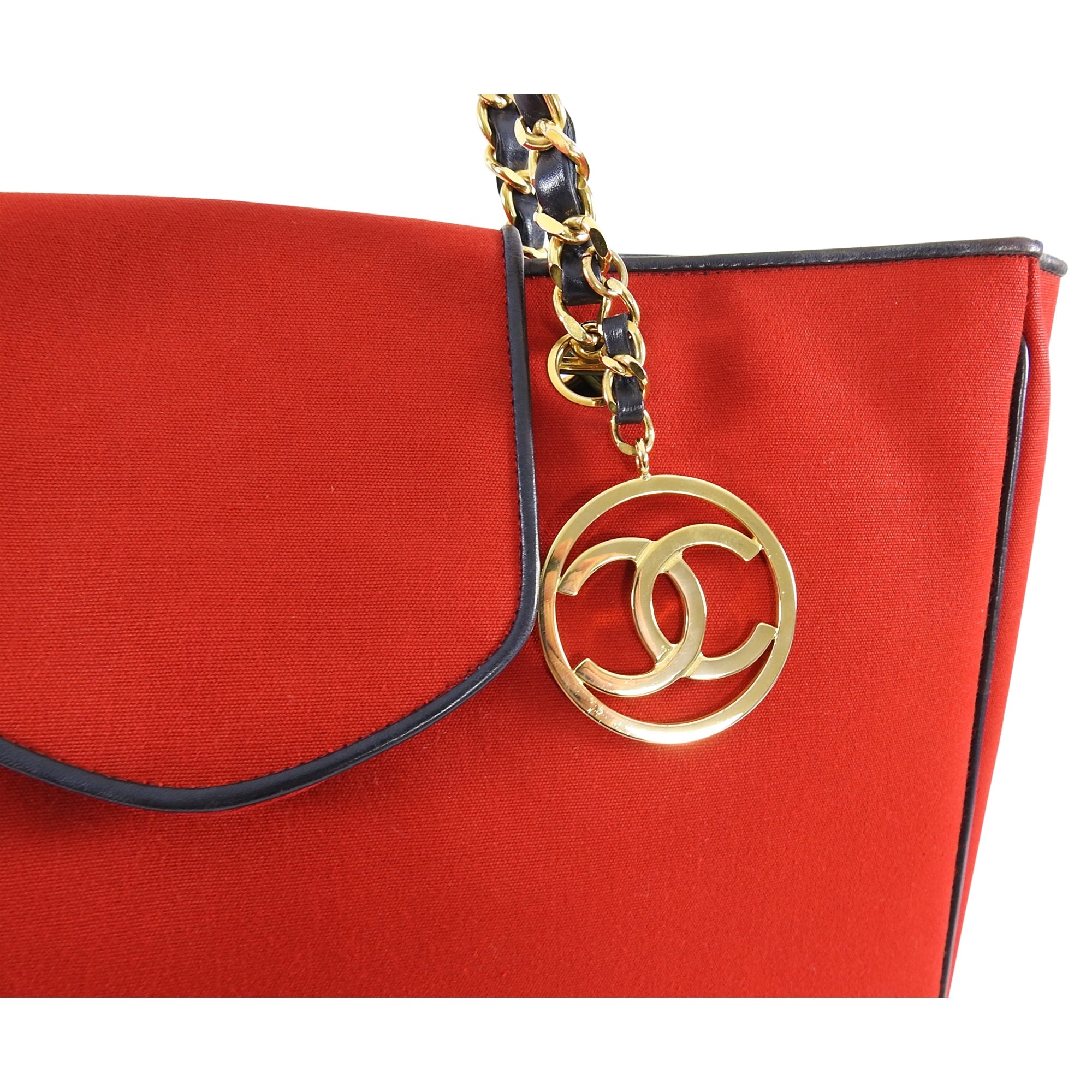Chanel Vintage 1989 Red Canvas and Navy Leather Large Tote Bag