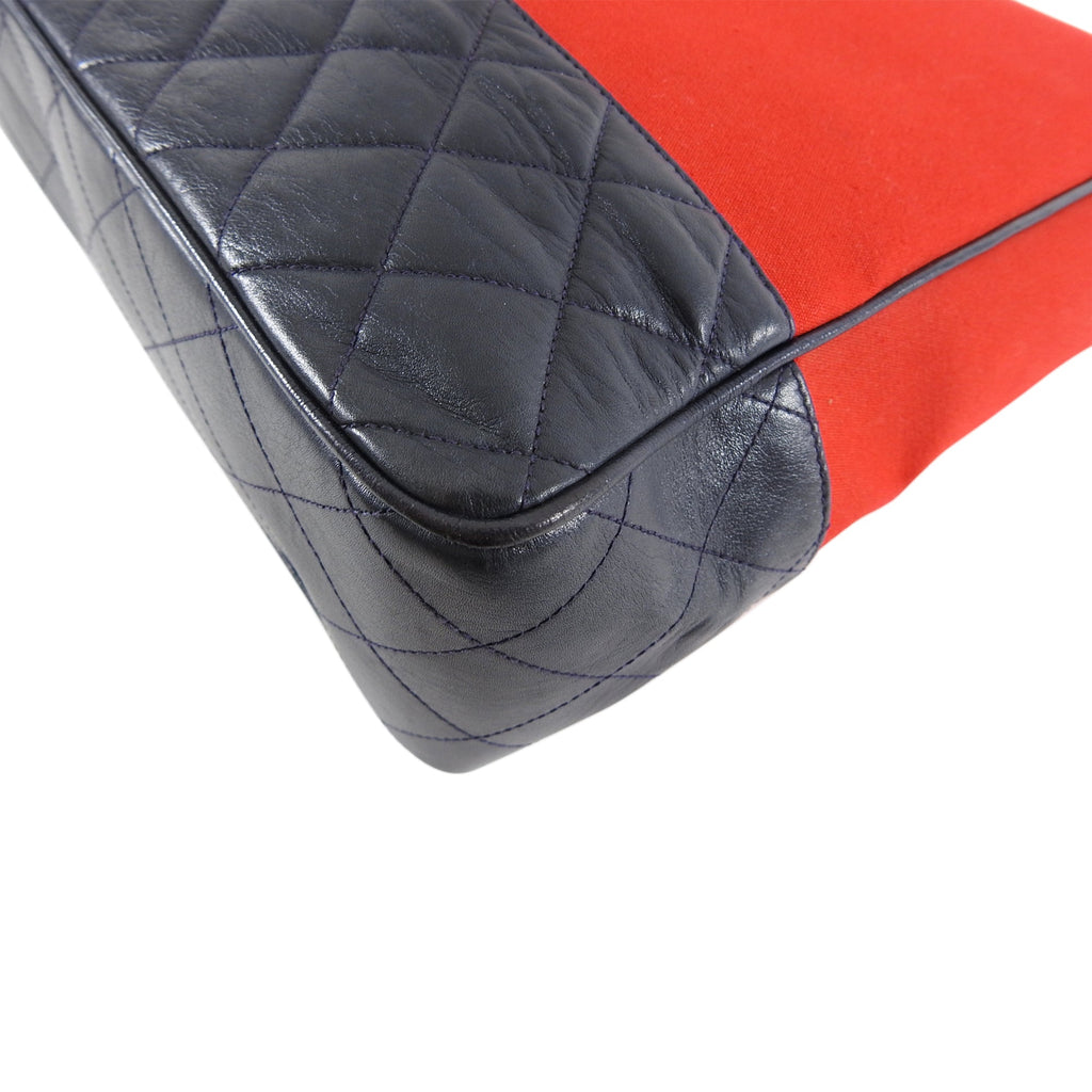 Chanel Vintage 1989 Red Canvas and Navy Leather Large Tote Bag