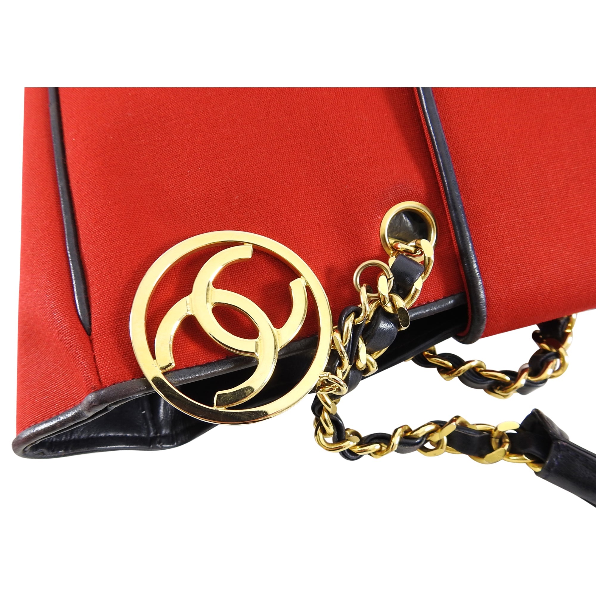 Chanel Vintage 1989 Red Canvas and Navy Leather Large Tote Bag