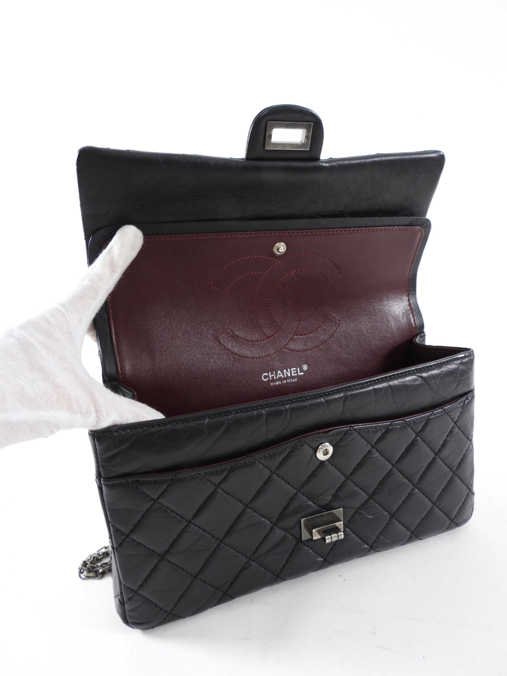 Chanel Black Aged Calfskin Reissue 2.55 227 Ruthenium Classic Flap Bag