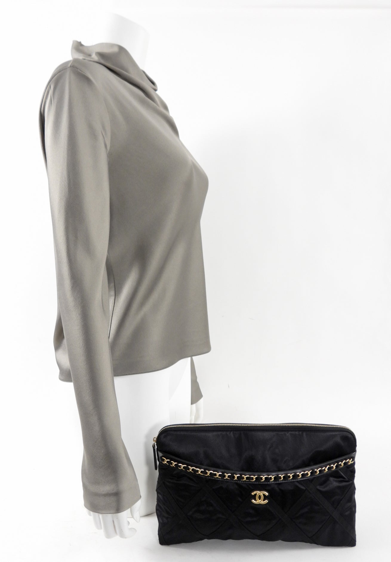 Chanel 2022 Black Satin Ribbon Clutch / Tote Bag