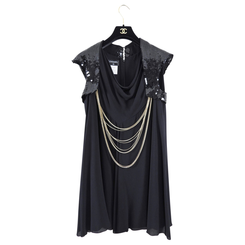 Chanel 07P Black Sequin Flare Dress with Gold Chains - FR40 / M