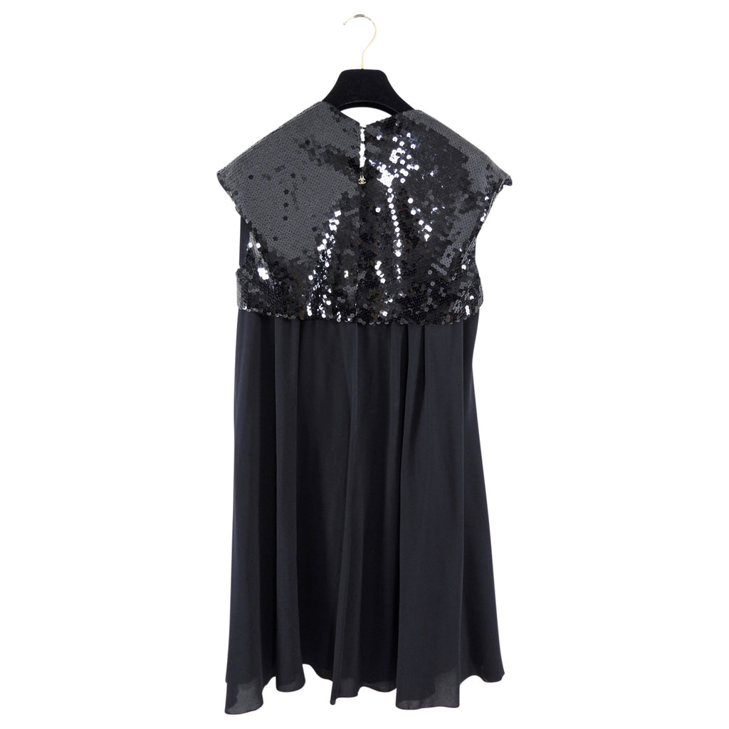 Chanel 07P Black Sequin Flare Dress with Gold Chains - FR40 / M