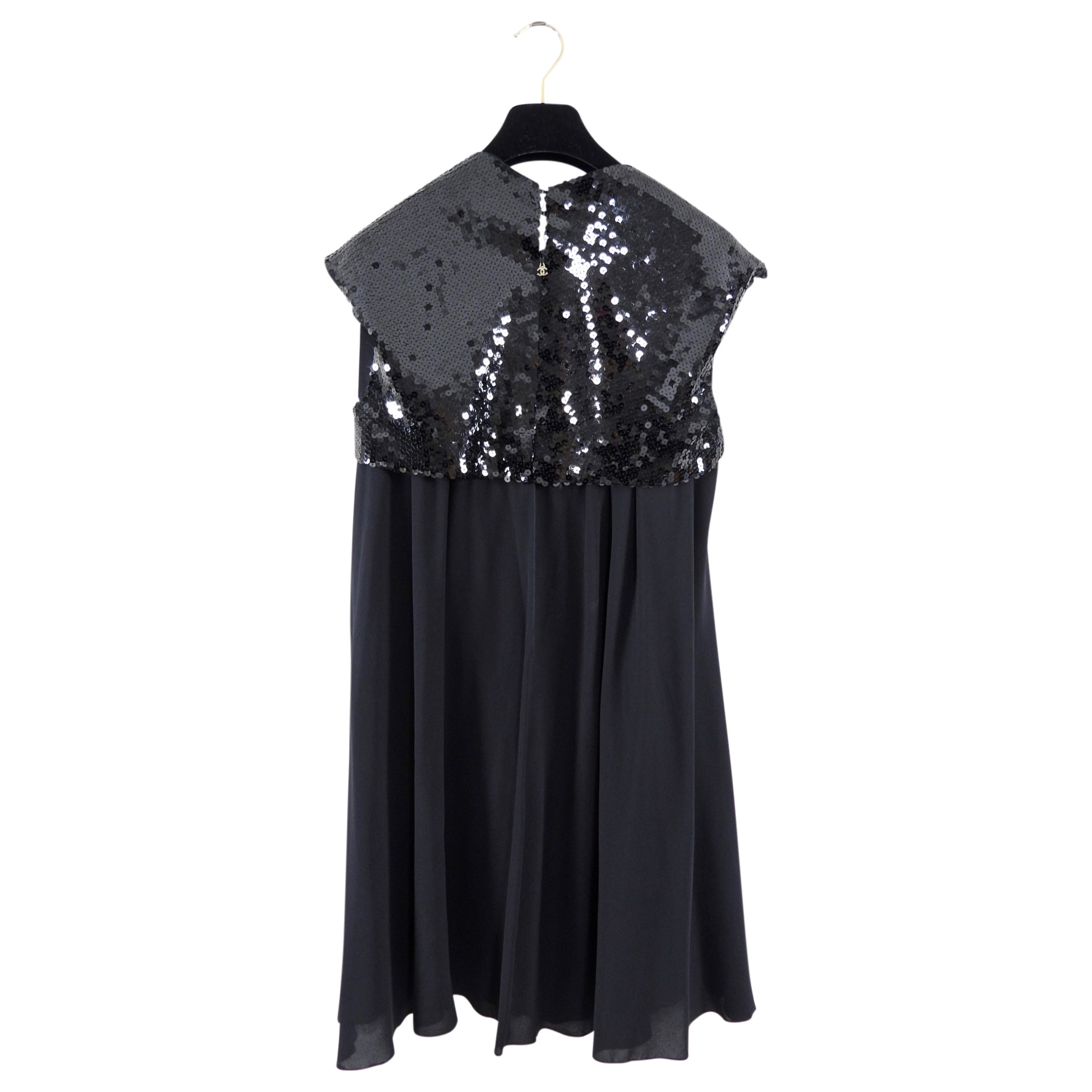 Chanel 07P Black Sequin Flare Dress with Gold Chains - FR40 / M