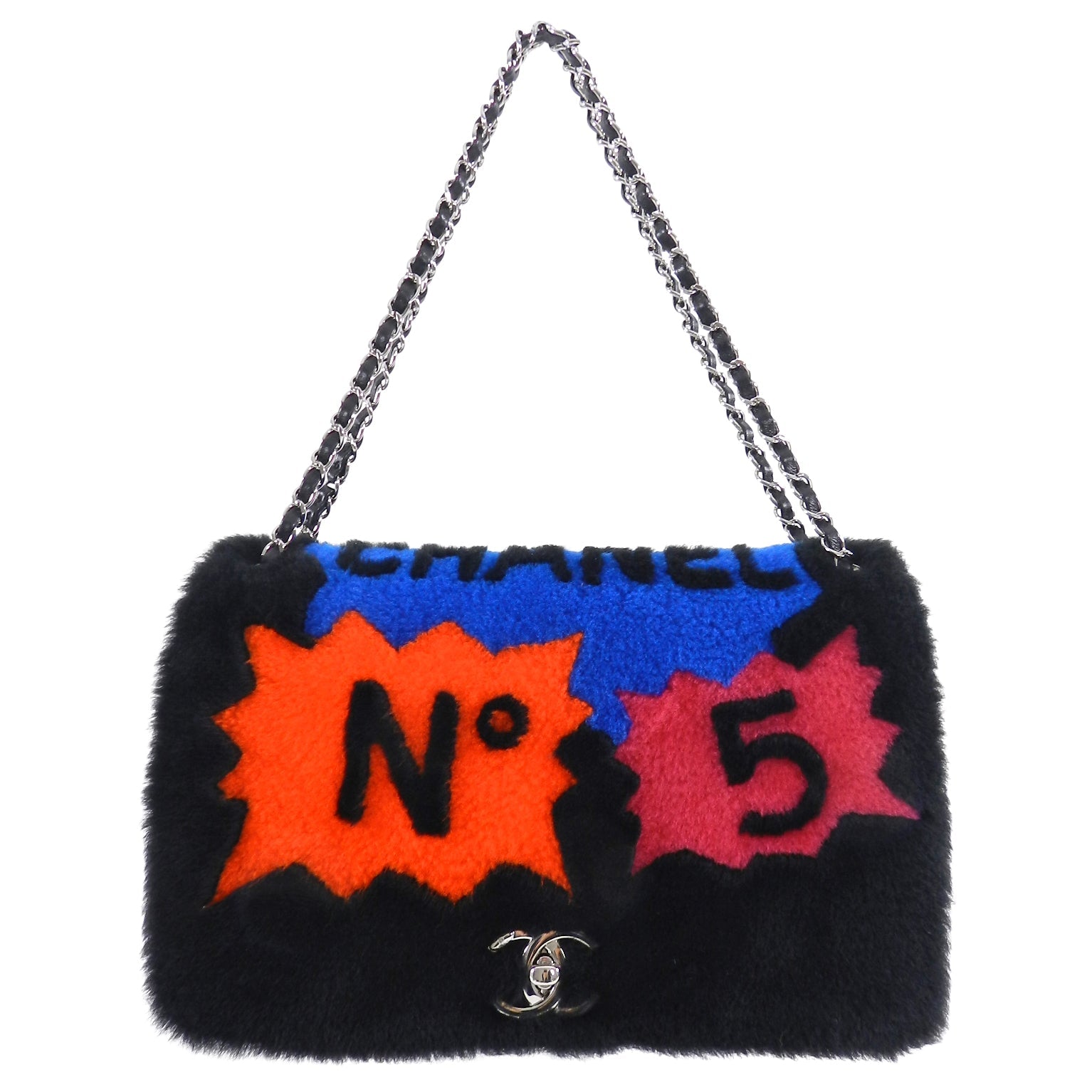 Chanel 14A Patchwork No. 5 Caption Comic Shearling jumbo flap bag